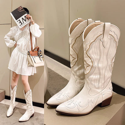 Autumn New Retro Embroidered Knight Boots Pointed Toe Thick Heel Mid-Tube Color Matching Fashion Luxury Western Cowboy Boots Q65