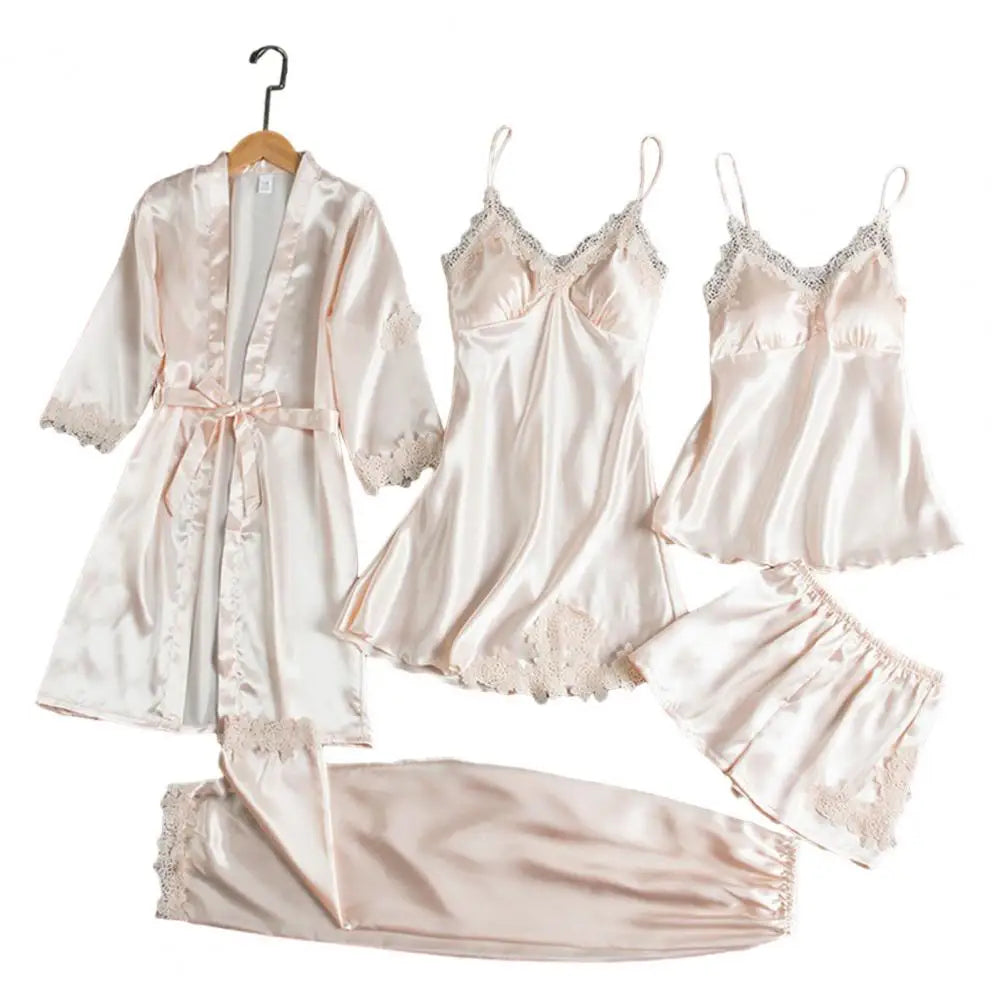 Silk Pajama Set Elegant Satin Lace Patchwork Women's Pajamas Set with Lace-up Waist 5 Piece Nightgown Top Shorts for Comfortable