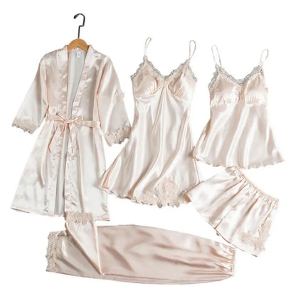 Silk Pajama Set Elegant Satin Lace Patchwork Women's Pajamas Set with Lace-up Waist 5 Piece Nightgown Top Shorts for Comfortable