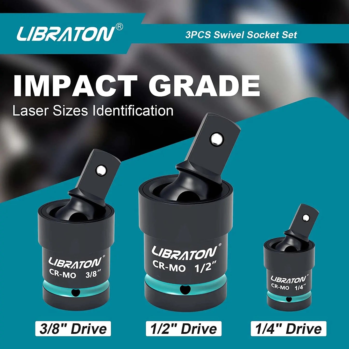 Libraton Swivel Socket Set Impact Swivel Socket Set, Wobble Socket Impact Grade Universal Joint 1/4" 3/8" 1/2" Drive Cr-Mo Steel