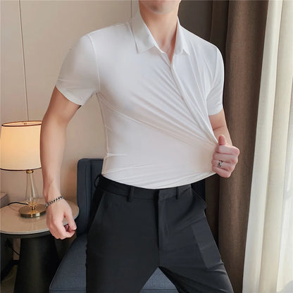 6colors High Quality New Solid High Elasticity Seamless Short Sleeve Shirts Men Slim Social Casual Business Formal Dress Shirt