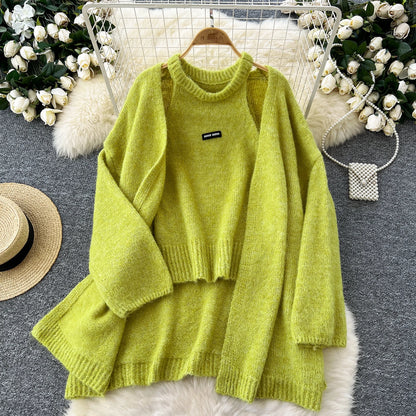 SINGREINY Fashion Solid Cashmere Sweater Long Sleeves Loose Warm Cardigan+Sleeveless Knitting Tank Top Winter Gentle Casual Tops