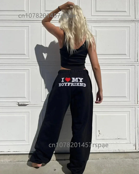 New I Love My Boyfriend Printed Sweatpants Y2k High Elastic Waist Drawstring Baggy Trousers Vintage Casual Loose Straight Pants