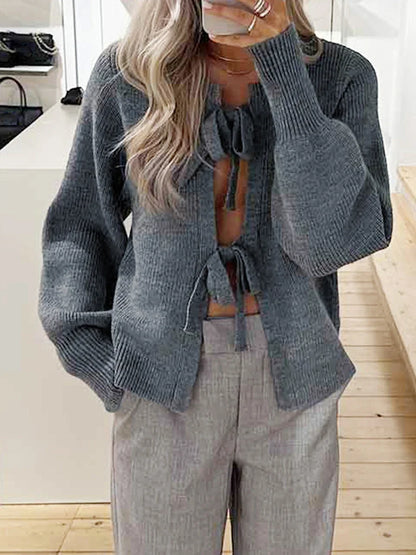 Women Y2k Tie Front Cardigan Long Sleeve Crew Neck Lightweight Coat Sweater Knitted Bow Knot Jackets Sweater Tops Autumn Winter