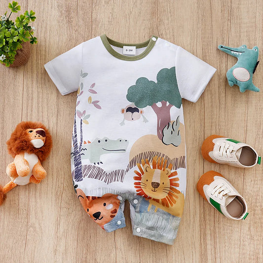 Summer newborn short sleeved cute animal simple jumpsuit, simple style, comfortable and breathable