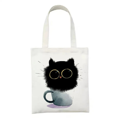 Cute Tote Bag Animals Black Cat Print Canvas Bag Eco Shopping Bag Daily Use Foldable Handbag Large Capacity Canvas Tote Women