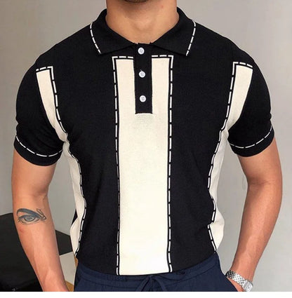 Men's Luxury Knitted Short Sleeve Polo Shirt Casual Patchwork Lapel Button Fashion Solid Color Knitwear Summer Clothing 2025 New