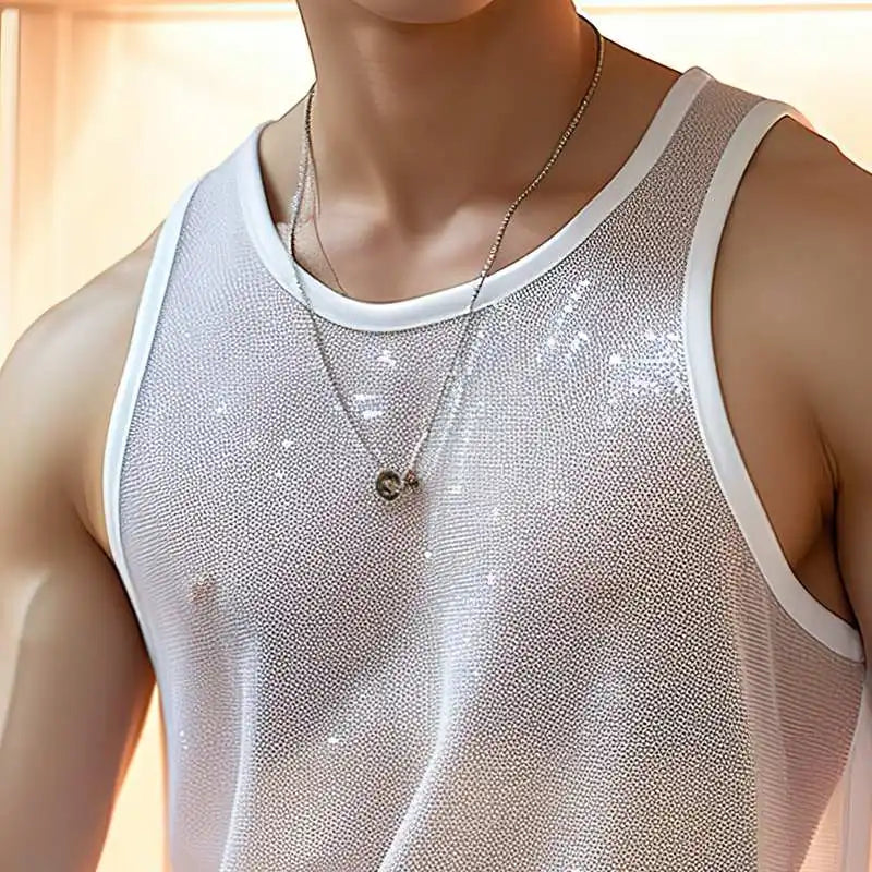 Men Tank Tops Solid O-neck Sleeve Mesh Transparent Sexy Vests Streetwear 2023 Fashion Party Casual Men Clothing S-5XL INCERUN