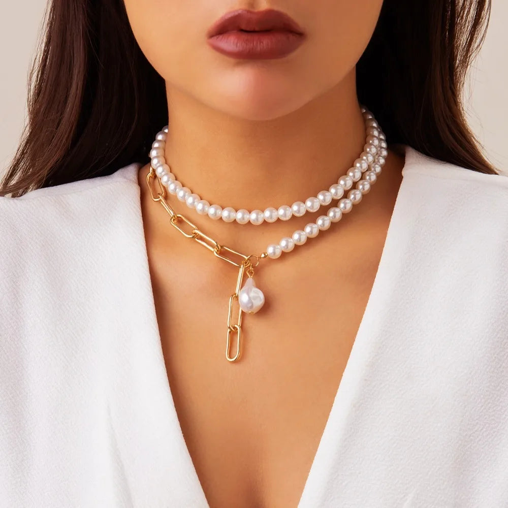 Multilayer Imitation Pearl OT Buckle Pendant Necklace Women Wed Bridal Goth Bead Chain Y2K Accessories Neck Jewelry Decoration