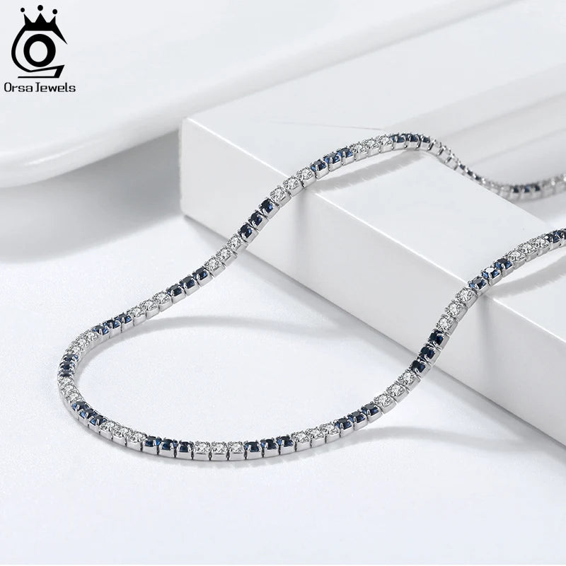 ORSA JEWELS 2mm 3mm 4mm 5mm Full Tennis Necklace Genuine 925 Sterling Silver 8A Clear CZ Cubic Zirconia Neck Chain Lobster Clasp