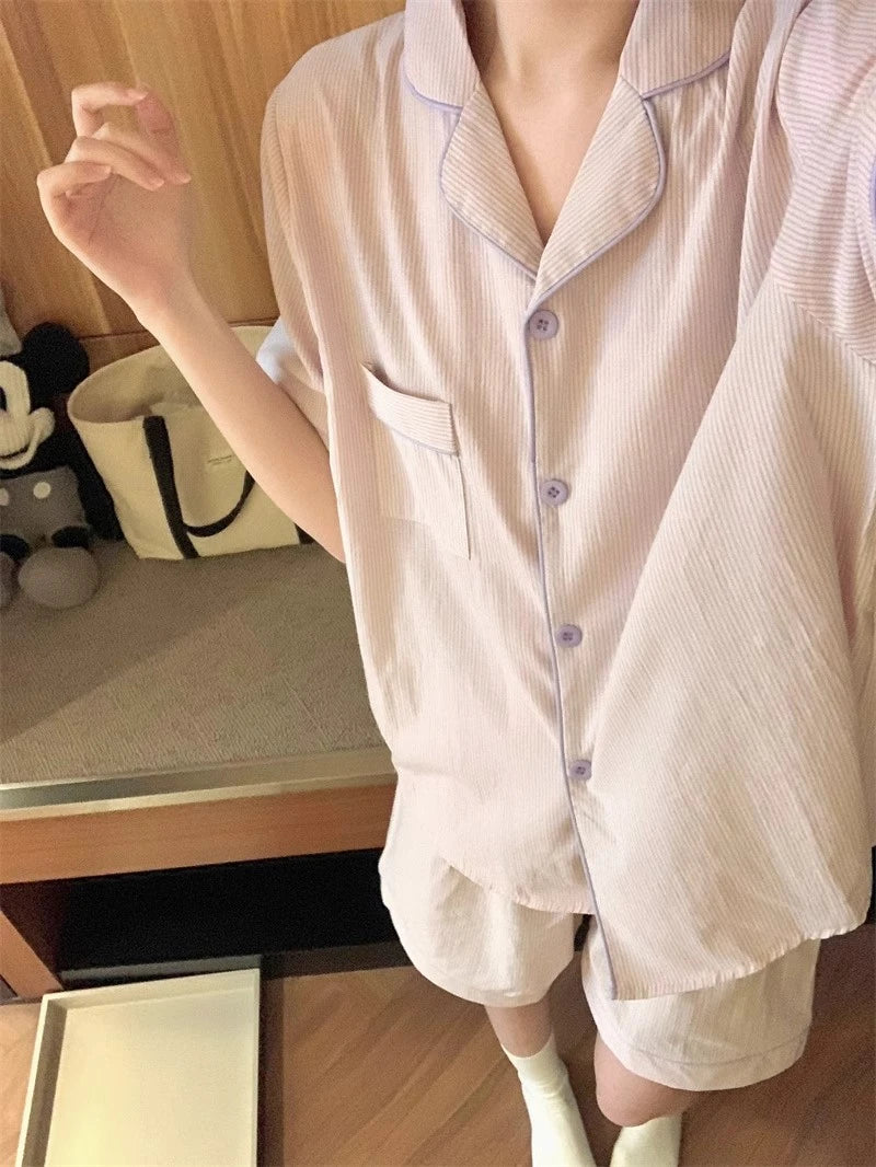 Women's Pajamas New Summer Short Sleeve Soft Sleepwear Set Grid Cartoon Printed Pyjama Woman Home Nightwear Set Cardigan