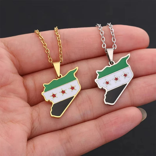 Syria Map Flag Pendant Necklace Stainless Steel For Women Men Gold Silver Color Charm Fashion Choker Syrians Jewelry Gift