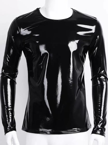 S-7XL Shiny Faux PU Leather Long Sleeve T Shirt Men Wet Look PVC Hot Shapers Tights Shapewear Tshirt Sexy Tee Shirts Tops Body