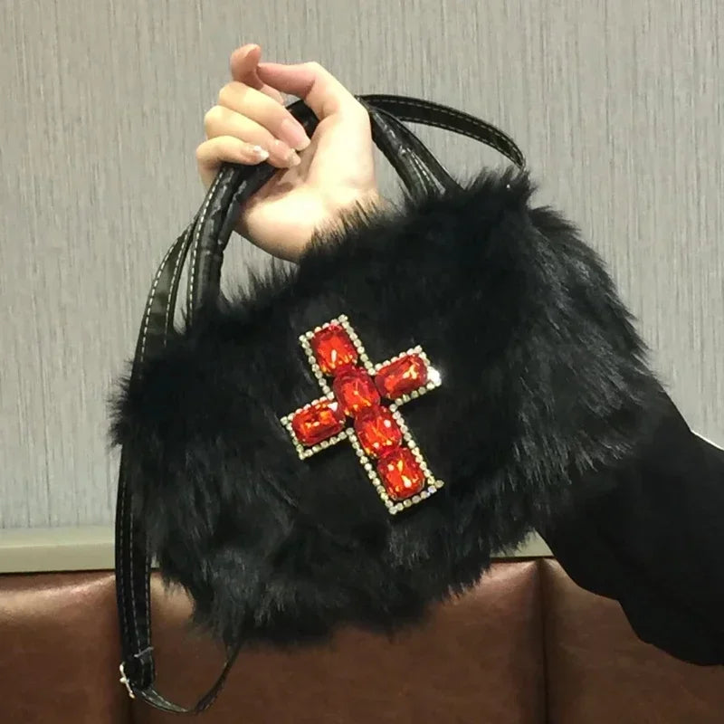 Xiuya Y2k Gothic Handbag Soft Plush Black Cross Applique Shoulder Bag Fashion Harajuku Style Punk Hip Hop Biker Crossbody Bag