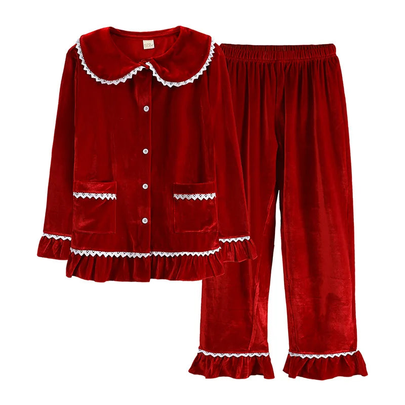 High Quality Red Velvet Matching Set Children's Clothing Women Men Boys Girls Pajamas Set New Year Costume Warm Thicken Pijamas