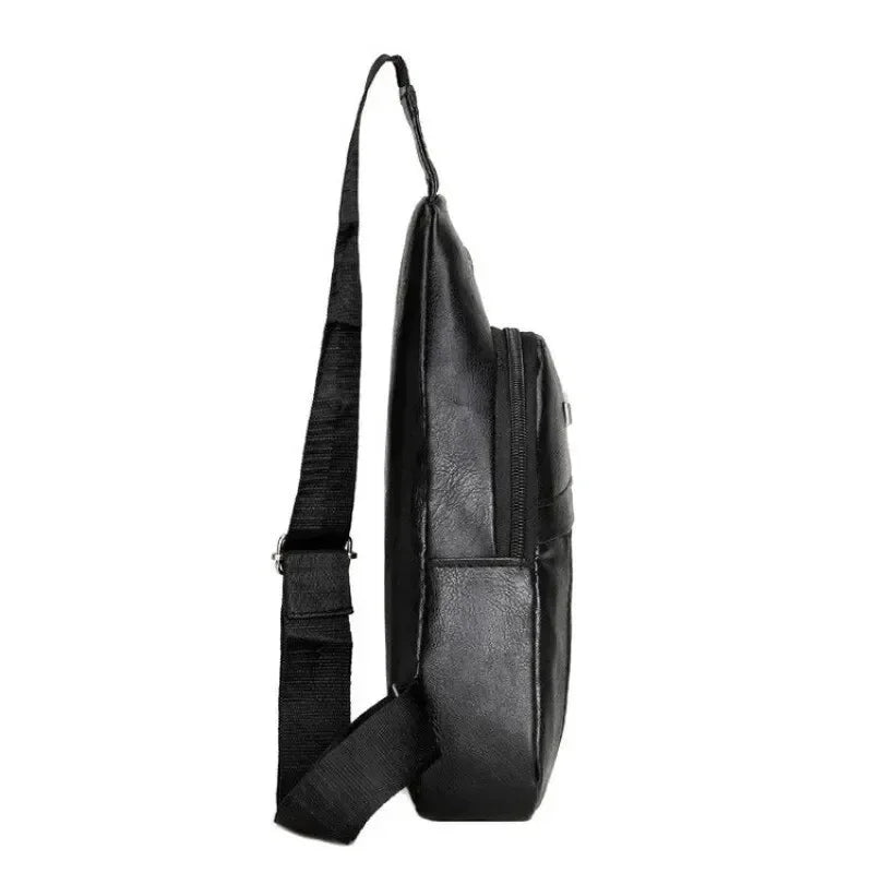 Classic Chest Bag Black PU Material Simple Retro Fashion Mens Crossbody Bag Sling Bag for Men and Women