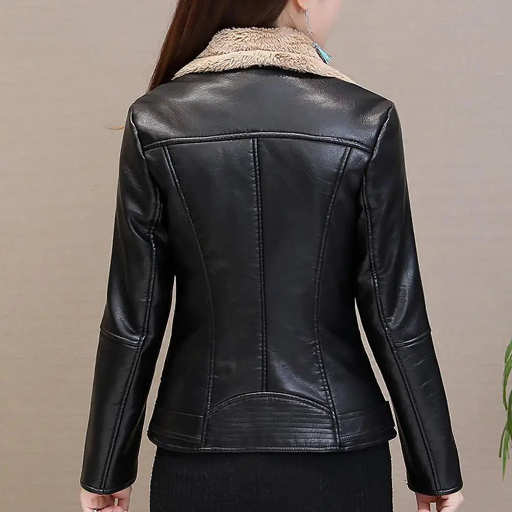 Plush Lapels Faux Faux Leather Jacket For Women Leater Jacket Spring Autumn Slim Fit Cardigan Coat Outerwear Lady Short Jacket