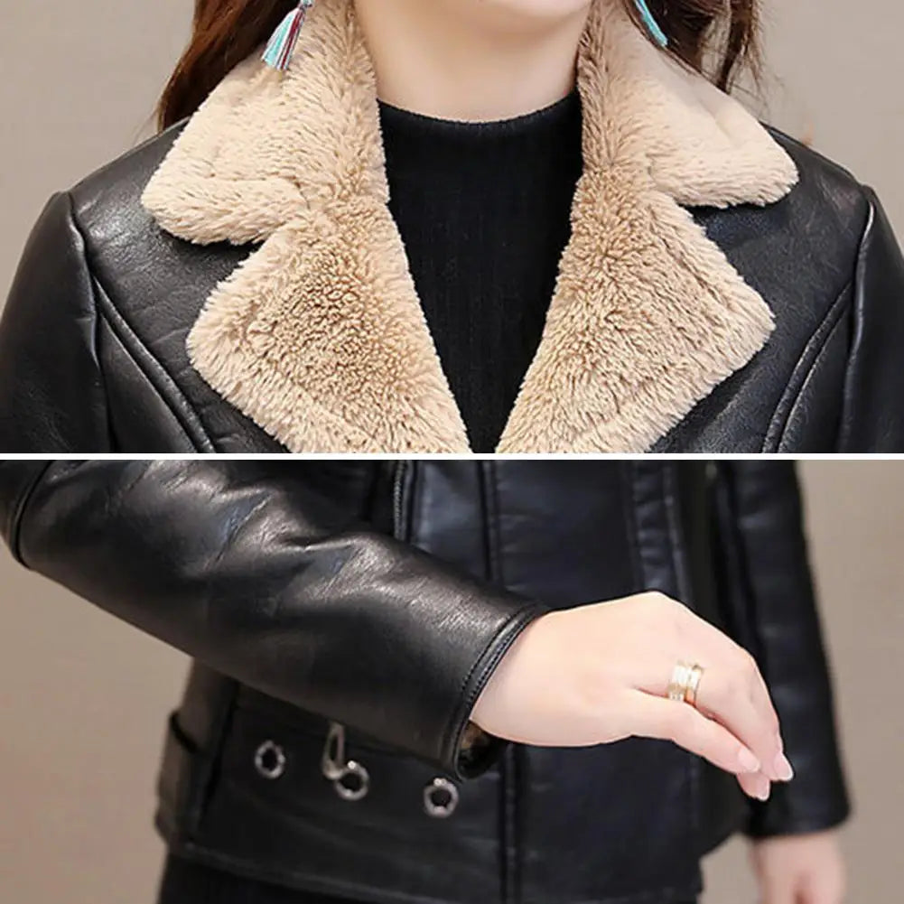 Plush Lapels Faux Faux Leather Jacket For Women Leater Jacket Spring Autumn Slim Fit Cardigan Coat Outerwear Lady Short Jacket