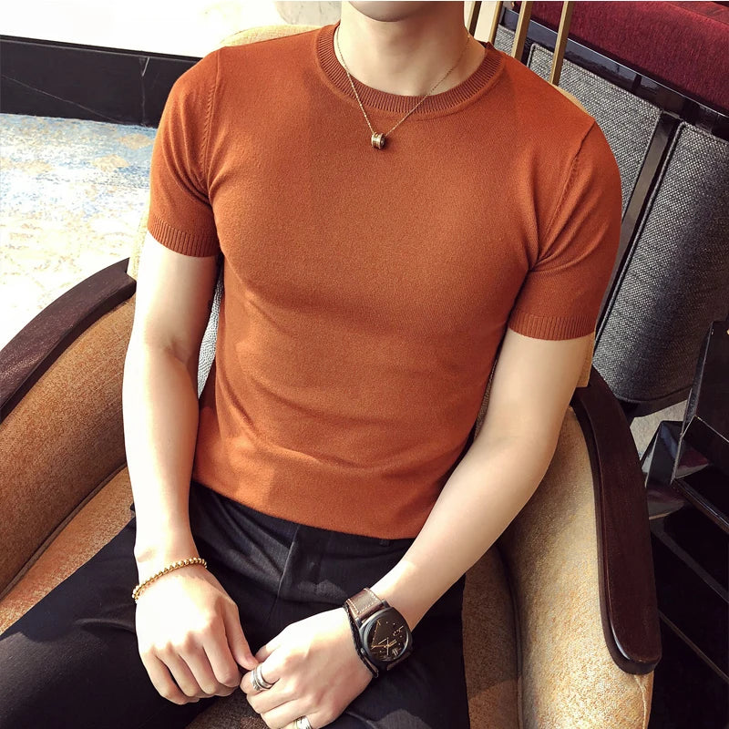 Top Quality Summer Thin Short Sleeved Knitwear T-shirt Men Clothing 2024 Solid Color Slim Fit O-Neck Tee Shirt Streetwear 3XL-M