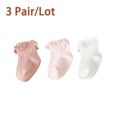 3/5Pair/Lot New Baby Children's Non-slip Autumn Winter Cotton Socks Solid Color Baby Foot Socks Girls Breathable Ruffled Socks