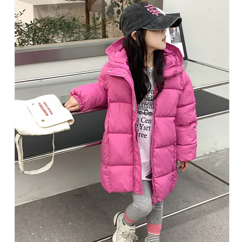 2024 Winter Teen Girls Jacket Long Solid Color Letter Print Thick Keep Warm Hooded Coat For 3-10Y Kids Down Cotton Snow Clothes