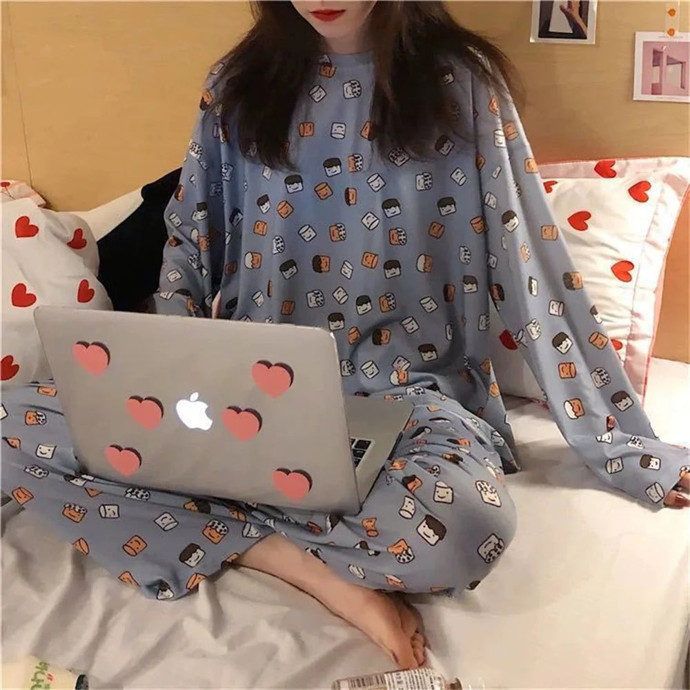 2PCS/Set Women's Clothes Spring and Fall Pajamas Long-Sleeved Cartoon Cute Sweet Floral Young Girl Homewear Outside Loungewear