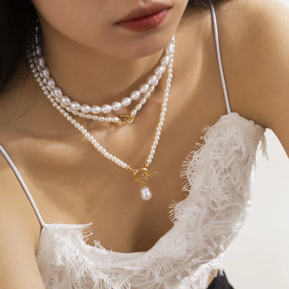 Multilayer Imitation Pearl OT Buckle Pendant Necklace Women Wed Bridal Goth Bead Chain Y2K Accessories Neck Jewelry Decoration