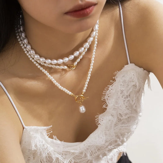 Multilayer Imitation Pearl OT Buckle Pendant Necklace Women Wed Bridal Goth Bead Chain Y2K Accessories Neck Jewelry Decoration