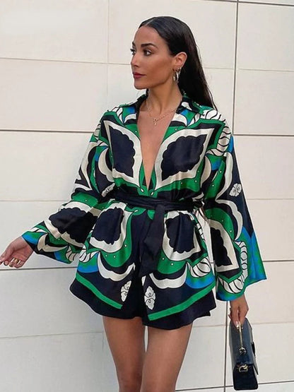 Foridol Oversized Green Print Boho Women Shorts Sets Shirts Shorts Pants Three Pieces Fashion Suits Matching Sets 2024 Summer