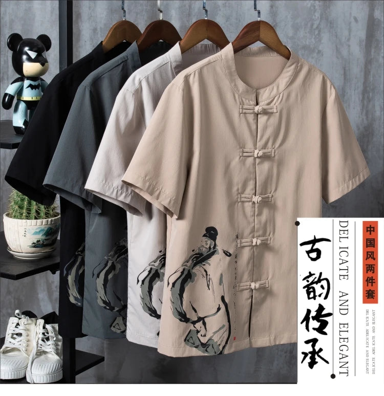 (Shirt + trousers) 2024 summer men shirt printing Man Cotton shirts Short sleeve men's casual shirts elastic waist size M to 5XL