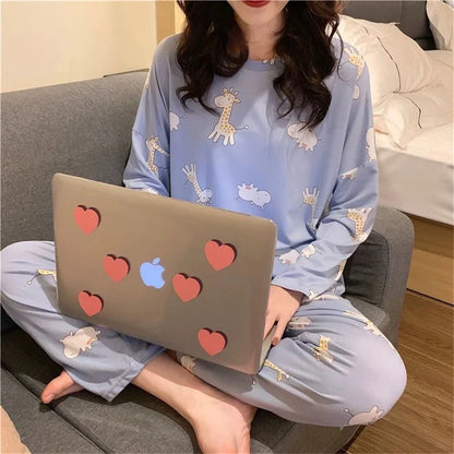 2PCS/Set Women's Clothes Spring and Fall Pajamas Long-Sleeved Cartoon Cute Sweet Floral Young Girl Homewear Outside Loungewear