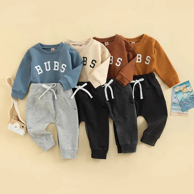 Newborn Baby Boy Pant Sets Autumn Clothes Letter Round Neck Long Sleeve Tops and Tie-Up Long Pants Baby Items Clothing Infant