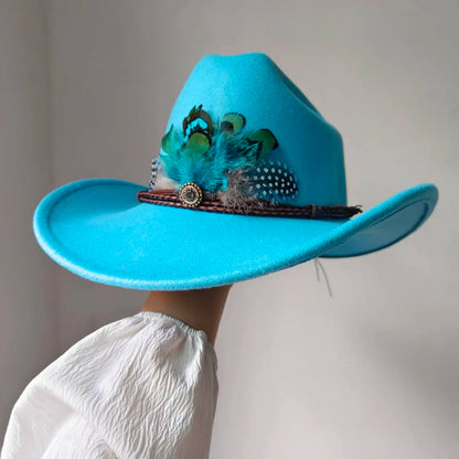 New 9CM Wide Brim Western Cowboy Hat For Men's Vintage Fascinator Cowgirl Jazz Hat Cloche Church Caps Sombrero Hombre