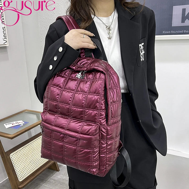 Gusure Winter Space Down Women's Backpack Fashion Quilted Plaid Female School Bags for Girls Casual Large Capacity Handbag bolsa