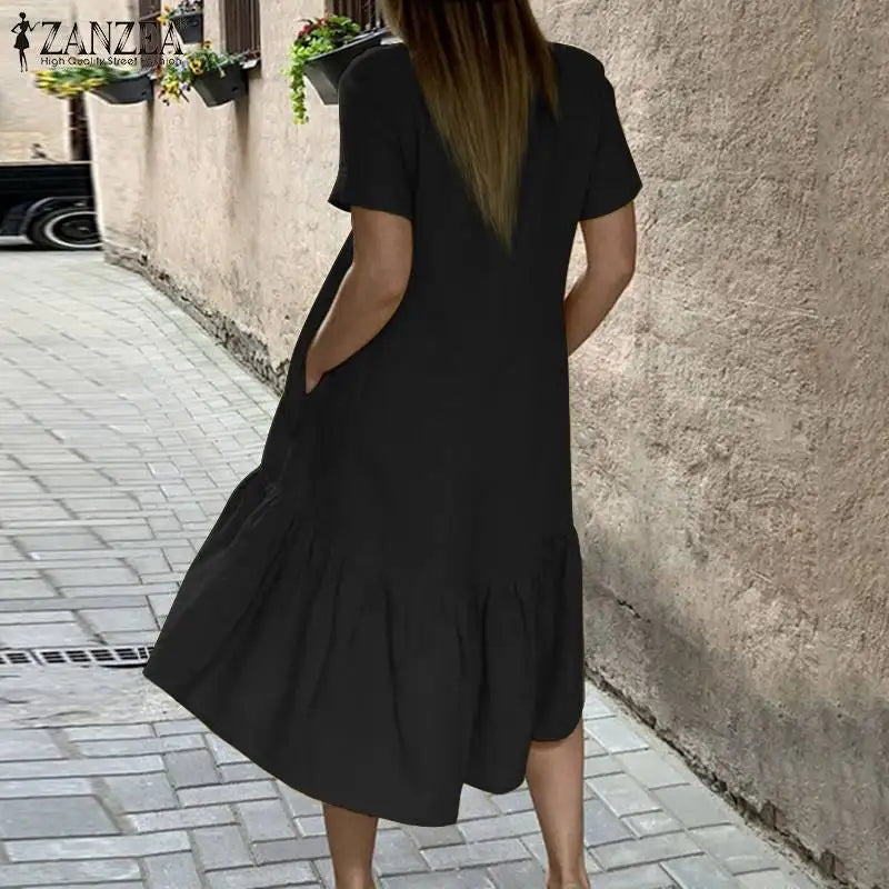 ZANZEA Women Cotton Dresses 2024 Summer Elegant Mid-calf Vestidos Casual Solid Color Short Sleeve Sundress Female O Neck Robe