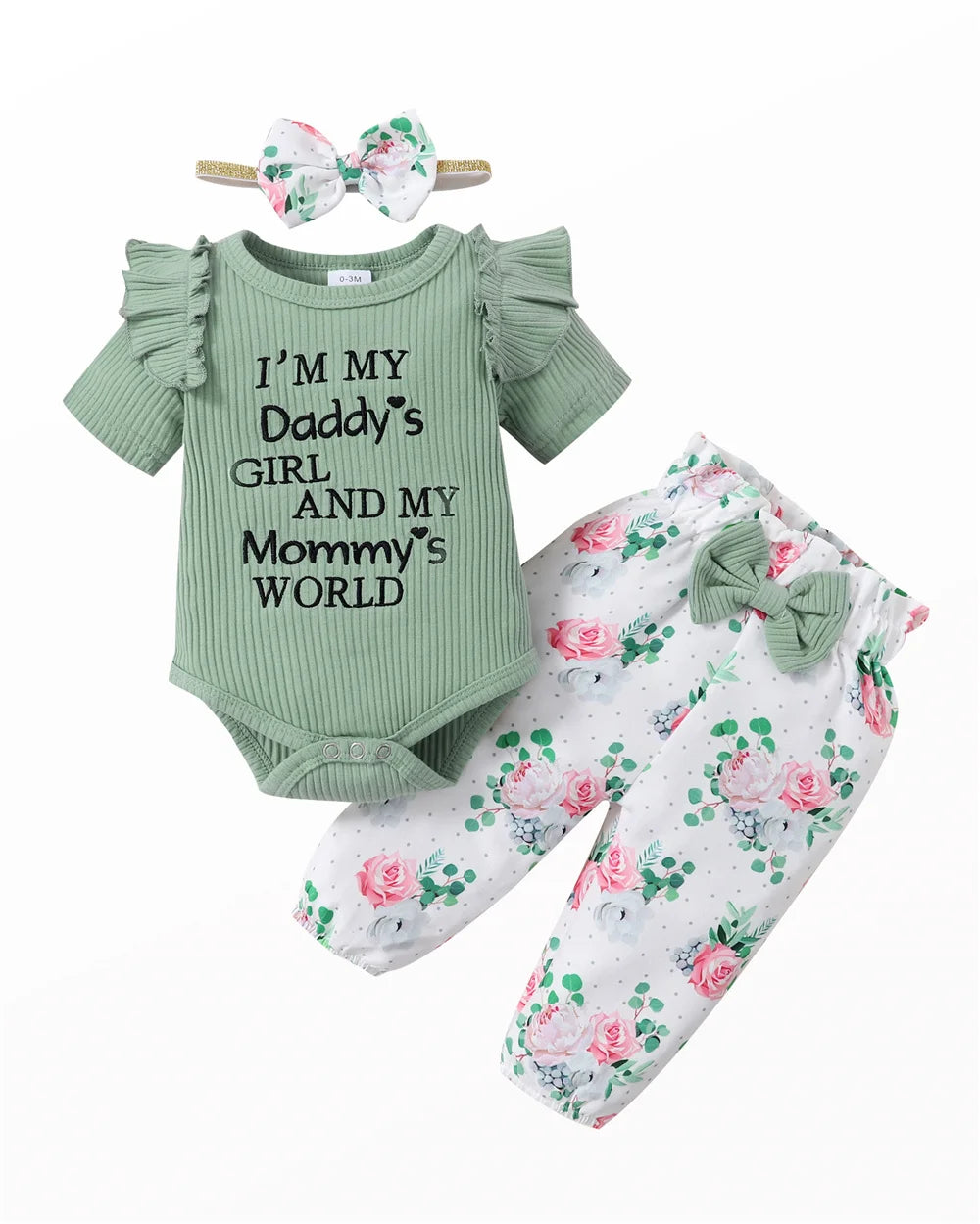 Newborn Baby Girl 3PCS Clothes Set Letters Short Sleeve Romper+Flowers Pant+Bowknot Headband Summer Lovely Outfit