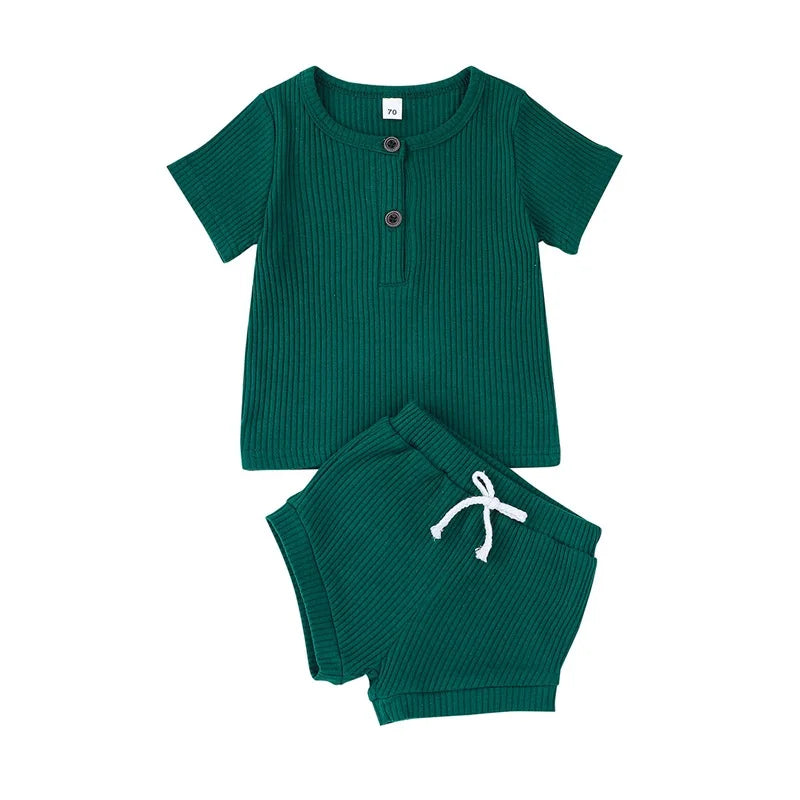 Cotton Casual Summer Newborn Baby Boys Girls Outfits Suit Ribbed Knitted Short Sleeve T-shirts Tops+Shorts 2Pcs Kids Tracksuits