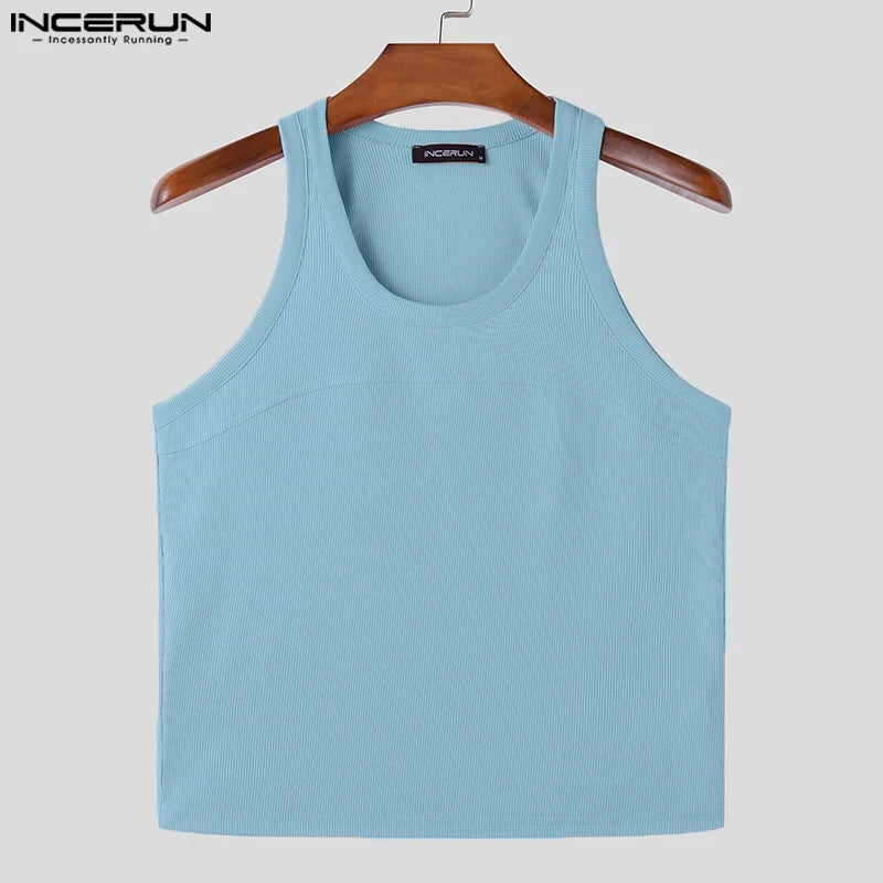 2024 Men Tank Tops Solid Color O-neck Sleeveless Streetwear Fitness Casual Male Vests Summer Fashion Crop Tops Men S-5XL INCERUN