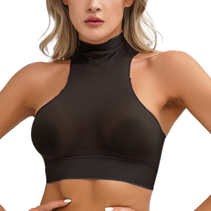 Womens Glossy Crop Tops Mock Neck Sleeveless Sheer See-Through Slim Fit Vest Tops for Swimwear Pool Party Clubwear Nightwear