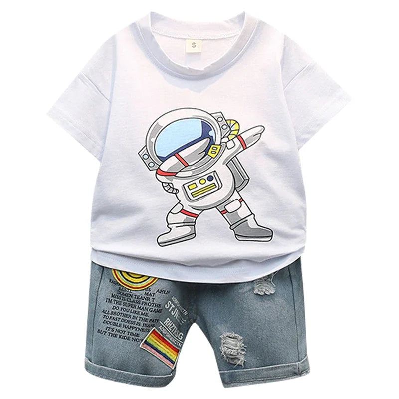 Baby clothes summer children's cartoon short sleeved set boys aged 0-5 solid color T-shirt denim shorts two-piece casual sportsw