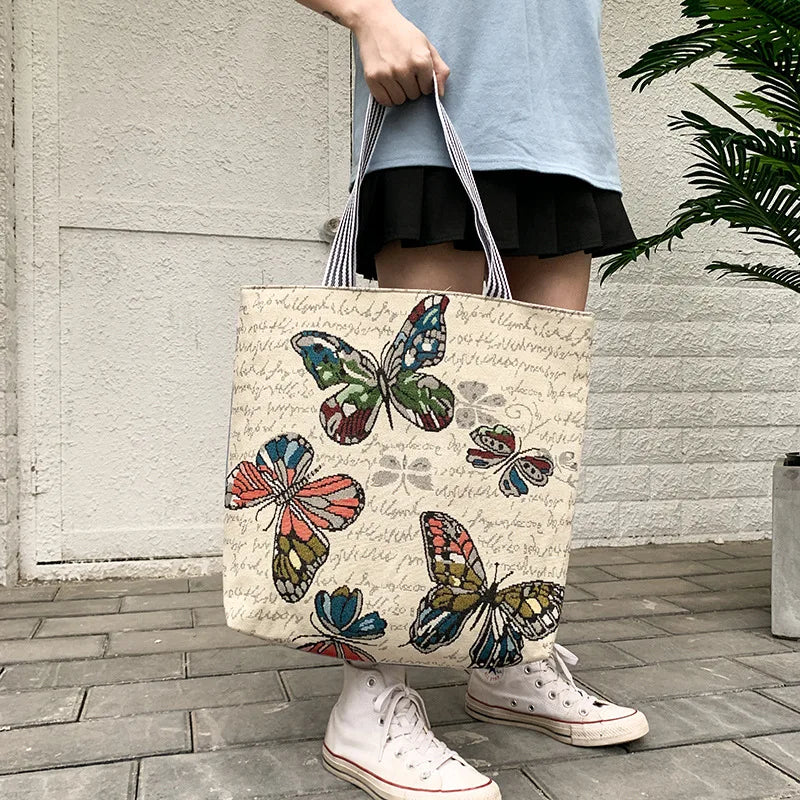 Summer Women's Canvas Cartoon Graffiti Printing Handbag Large Capacity Shoulder Beach Bag Fashion Folding Ladies Casual Tote Bag