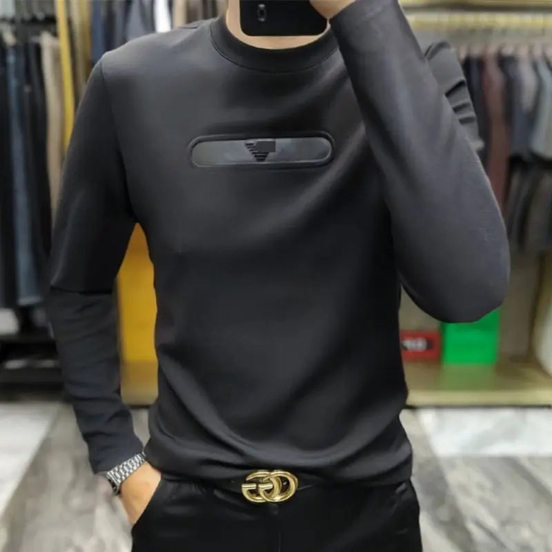 Men Clothing Autumn Winter Korean Fashion Business Casual Comfortable Basic T-shirt Black O Neck Long Sleeve Slim Pullover Tops