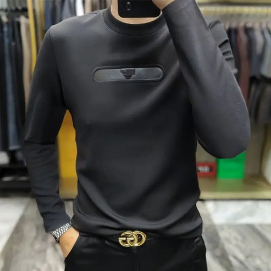 Men Clothing Autumn Winter Korean Fashion Business Casual Comfortable Basic T-shirt Black O Neck Long Sleeve Slim Pullover Tops