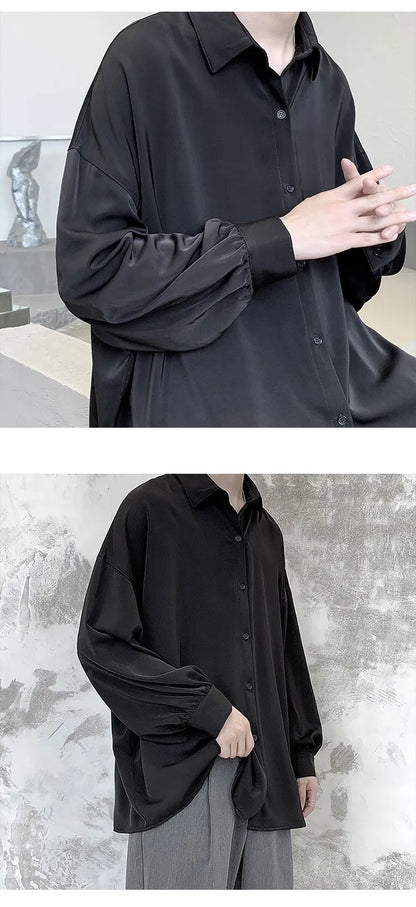 Free Black Tie Long-sleeved Shirts Men Korean Comfortable Blouses Casual Loose Single Breasted Shirt Mens Tshirt Harajuku