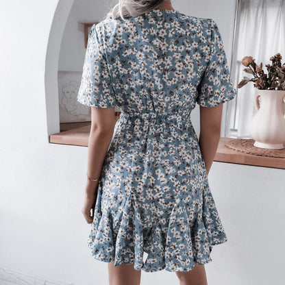 Summer 2024 new style women floral dress bubble sleeve French retro V-neck high-end chic design A-line skirt girls short dress