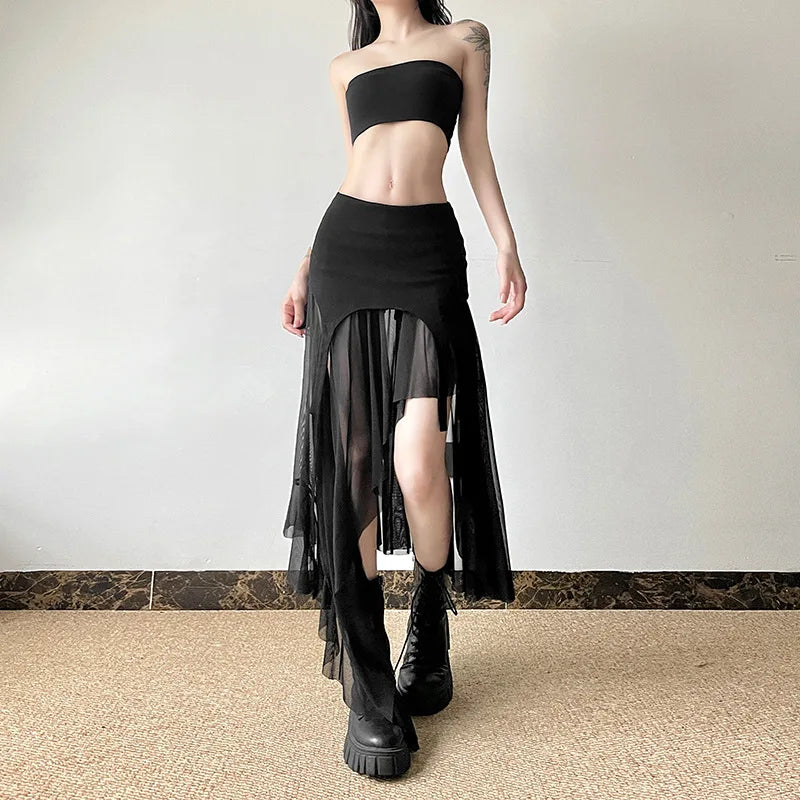 Goth Dark Cyber Y2K Irregular Hem Mid Skirts Harajuku Fashion Streetwear Mesh Patchwork Club Alt Bottoms Punk Skirt for Women