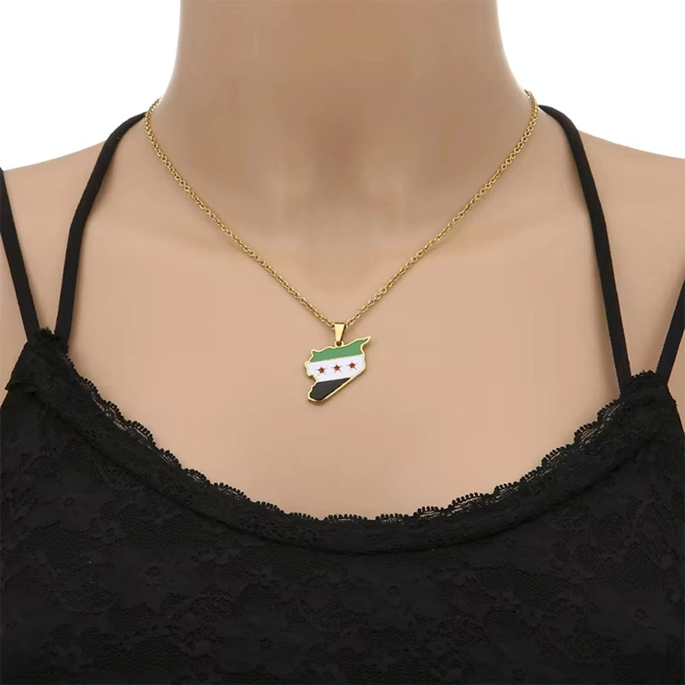 Syria Map Flag Pendant Necklace Stainless Steel For Women Men Gold Silver Color Charm Fashion Choker Syrians Jewelry Gift