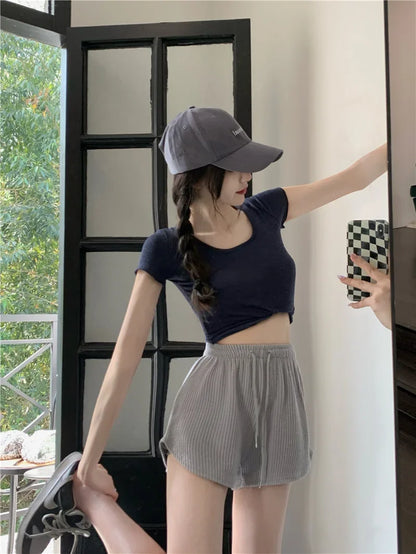 Women Shorts Summer High Elastic Lace Up Drawstring Wide Leg Sweat Short Fitness Running Shorts Loose Casual Large Sports Pants