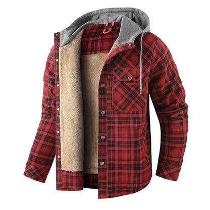 Men Winter Plaid Shirts Coats Hooded Fleece Jackets Harajuku Lg Sleeonve LoosCae sual Shirts Jackets European Style Size S-2XL