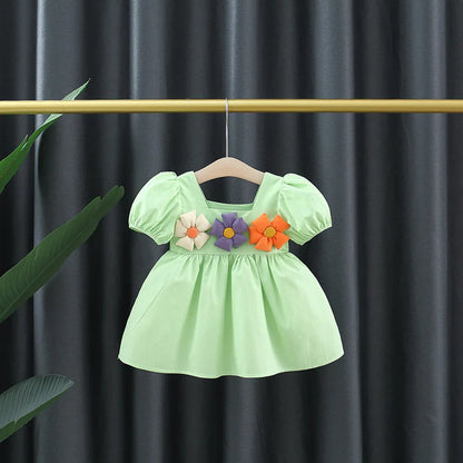 Summer Children Clothes Flower Simple Solid Color Puff Sleeve Baby Girl Dresses Thin Toddler Party Birthday Princess 0 To 3 Y